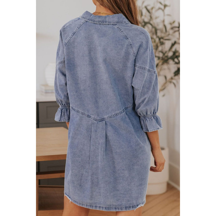 Distressed Collared Neck Flounce Sleeve Denim Dress Apparel and Accessories