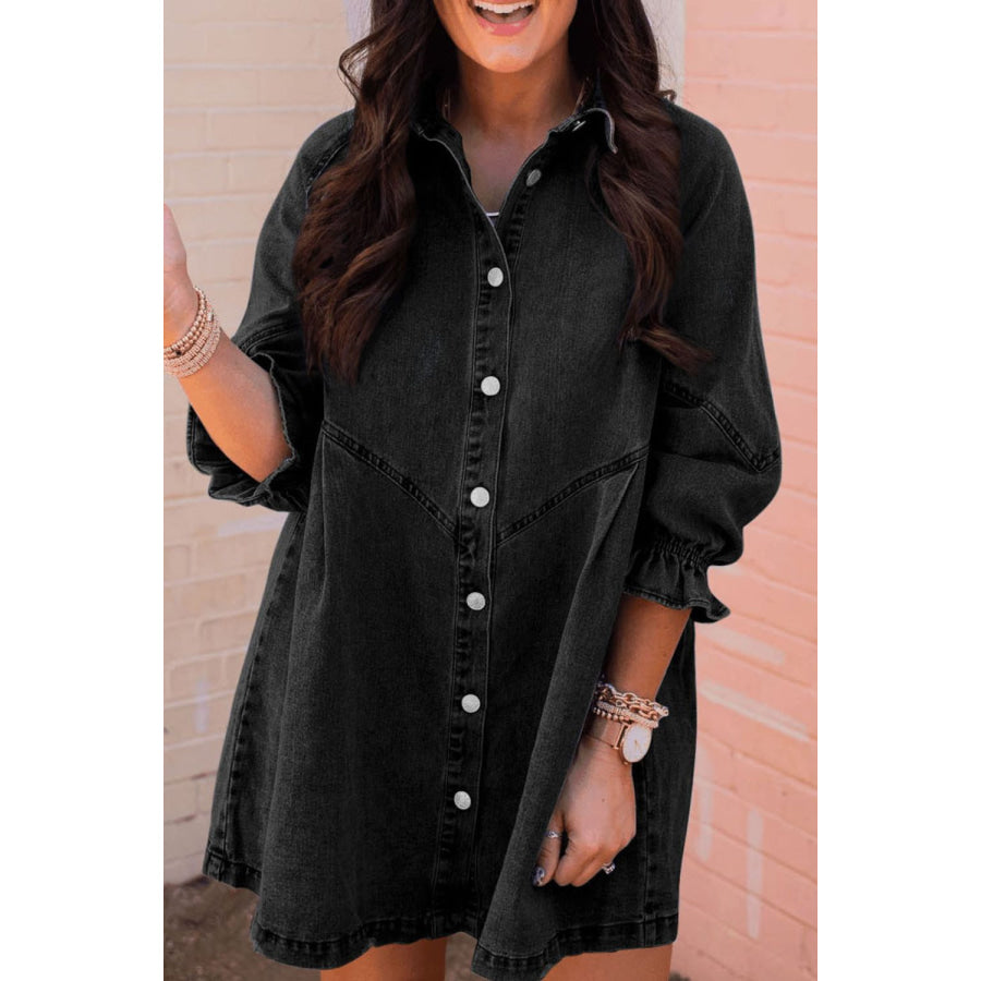 Distressed Collared Neck Flounce Sleeve Denim Dress Black / S Apparel and Accessories