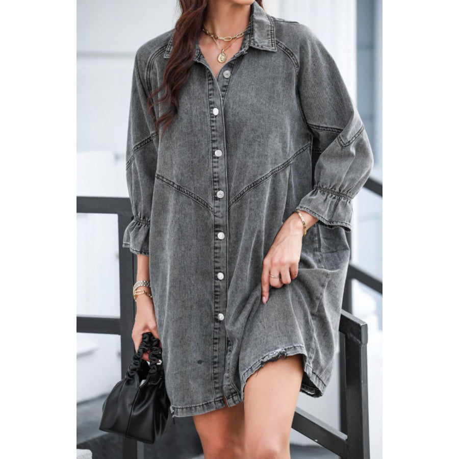 Distressed Collared Neck Flounce Sleeve Denim Dress Gray / S Apparel and Accessories