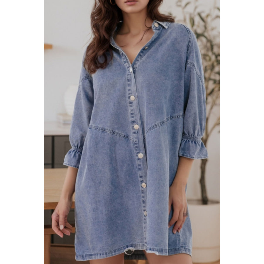 Distressed Collared Neck Flounce Sleeve Denim Dress Light Blue / S Apparel and Accessories