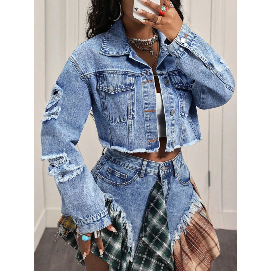 Distressed Cropped Denim Jacket Apparel and Accessories