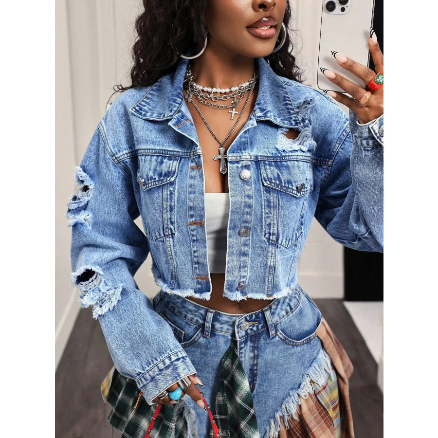 Distressed Cropped Denim Jacket Blue / S Apparel and Accessories