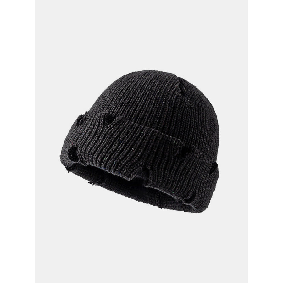 Distressed Cuffed Knit Hat Black / One Size Apparel and Accessories