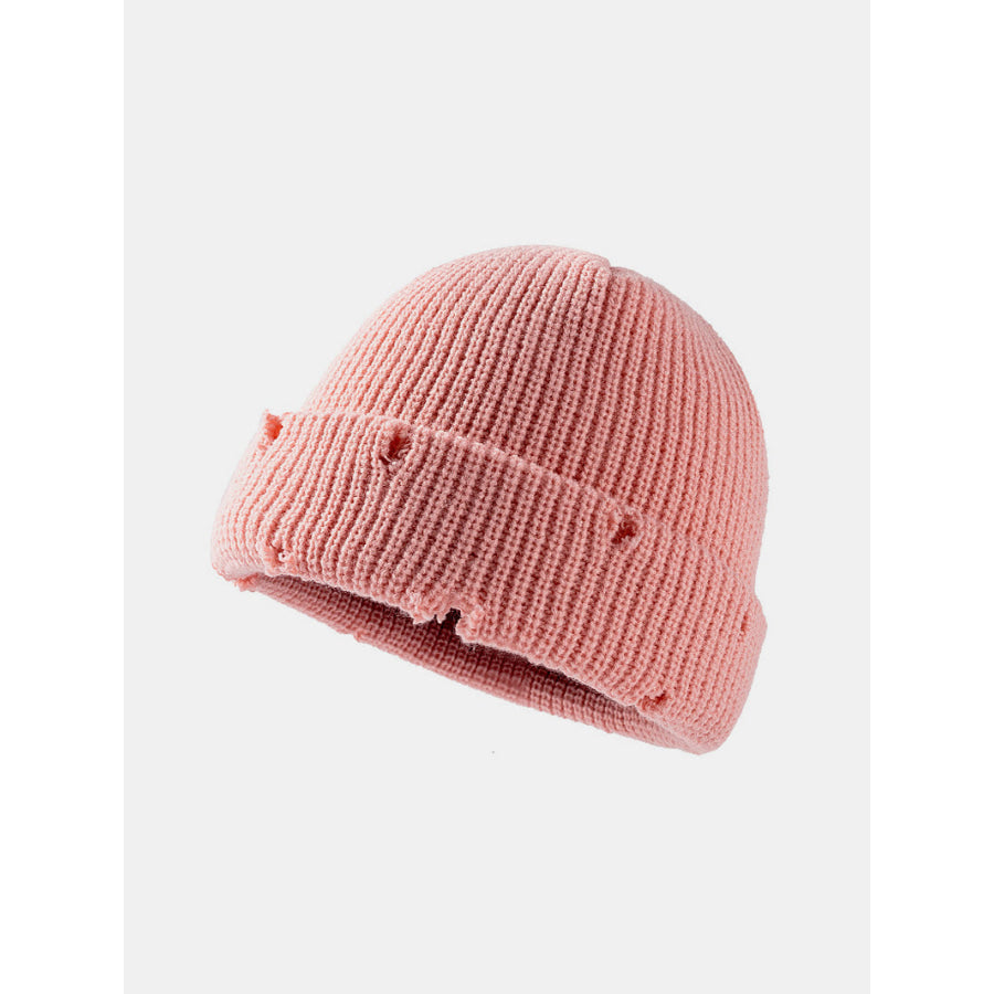 Distressed Cuffed Knit Hat Pink / One Size Apparel and Accessories