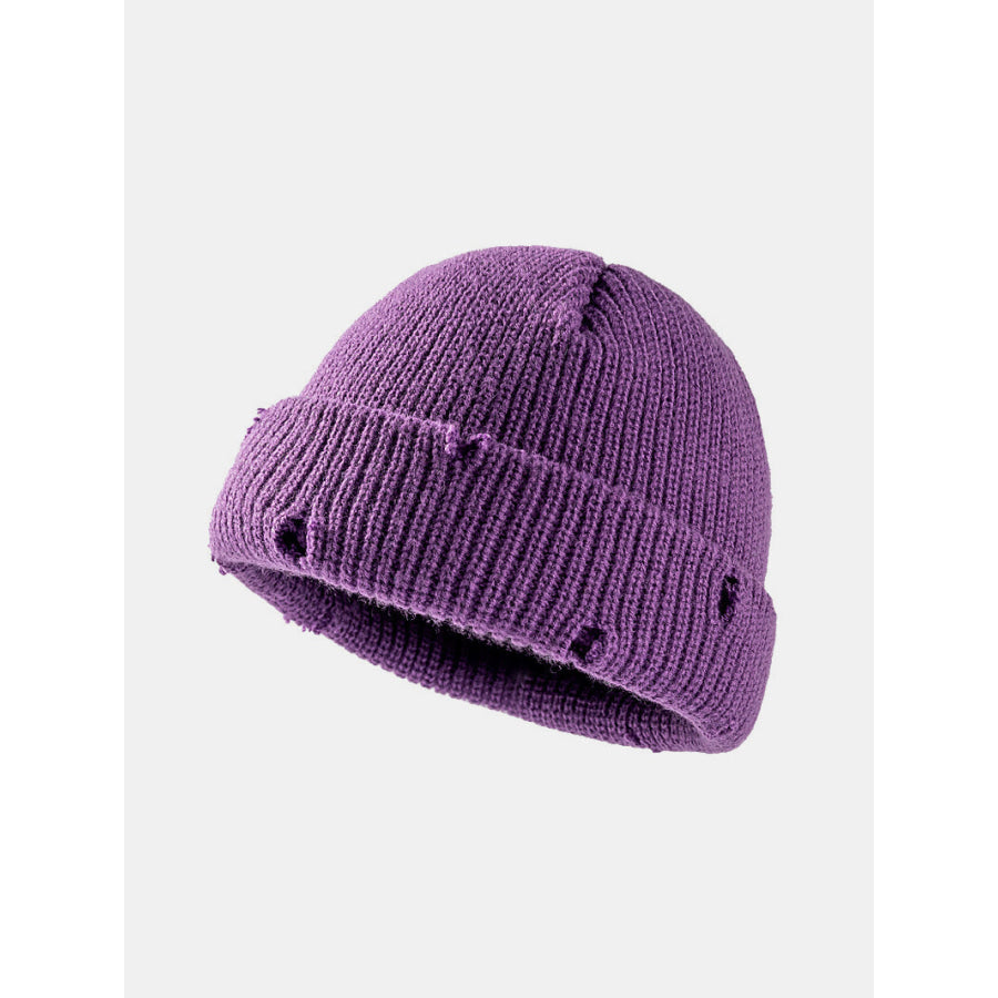 Distressed Cuffed Knit Hat Purple / One Size Apparel and Accessories