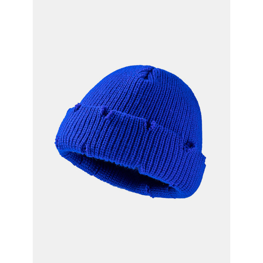 Distressed Cuffed Knit Hat Royal Blue / One Size Apparel and Accessories