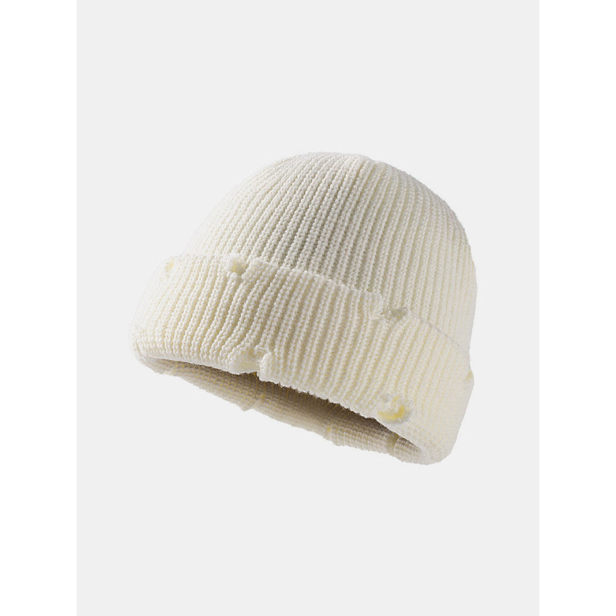 Distressed Cuffed Knit Hat White / One Size Apparel and Accessories