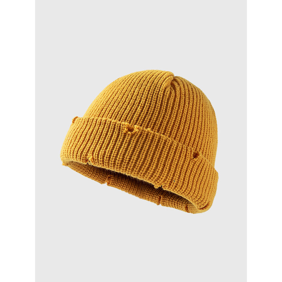 Distressed Cuffed Knit Hat Yellow / One Size Apparel and Accessories