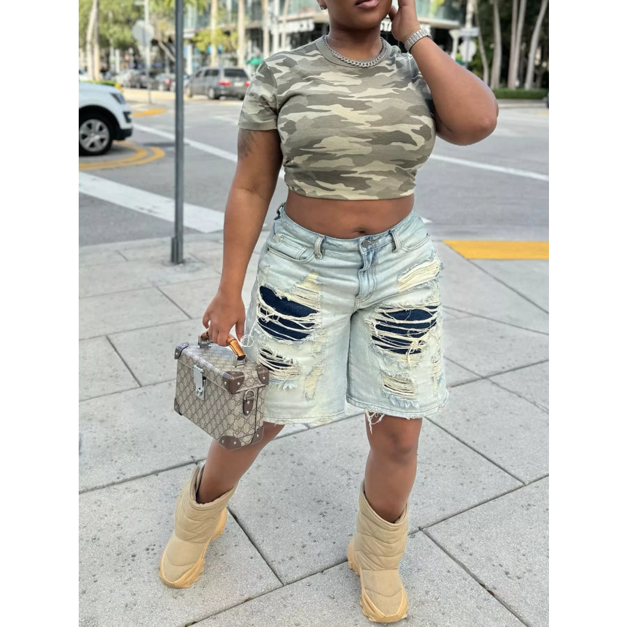 Distressed Denim Bermuda Shorts Apparel and Accessories