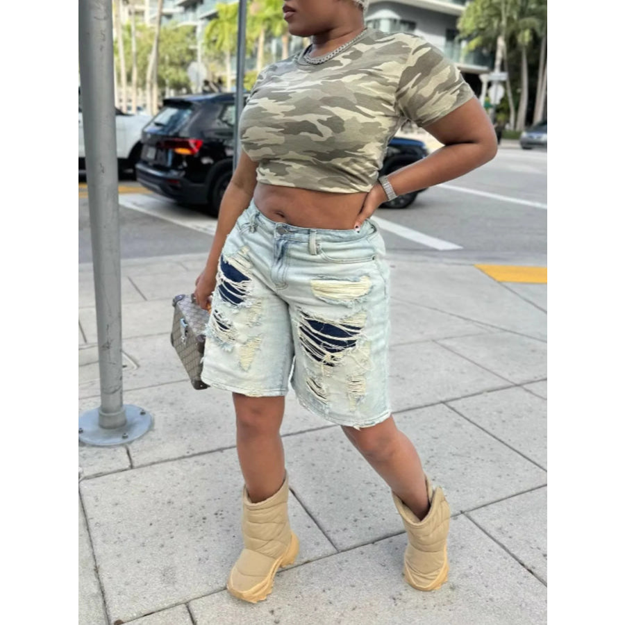 Distressed Denim Bermuda Shorts Apparel and Accessories