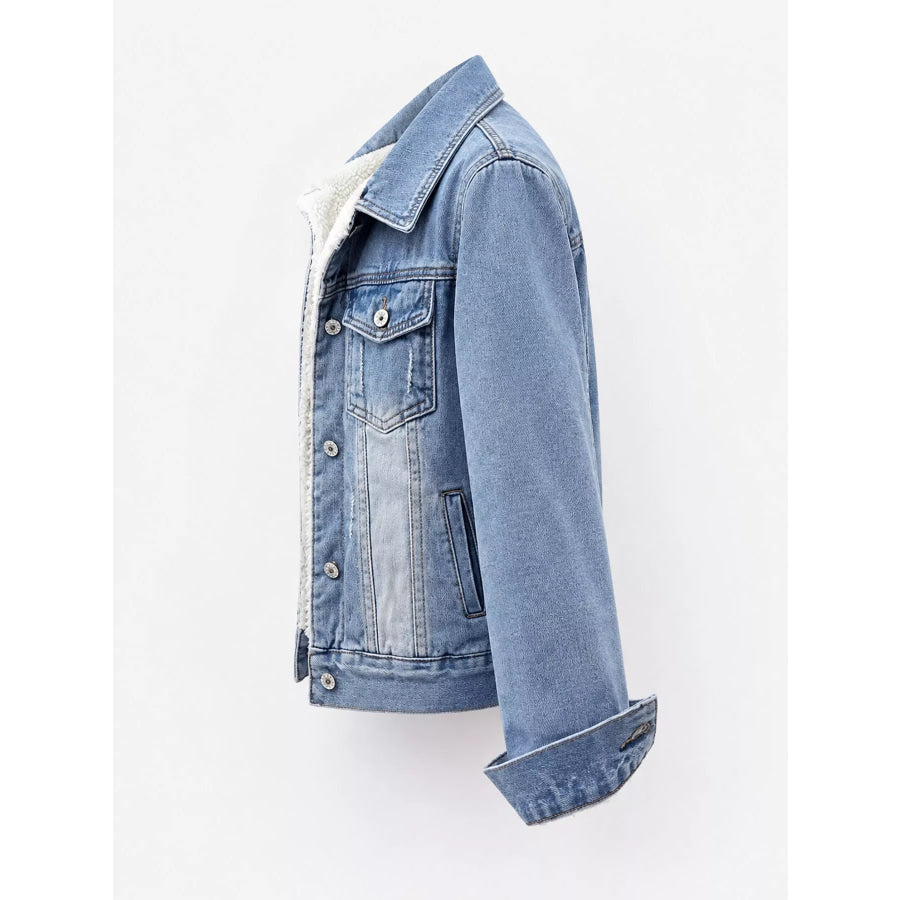 Distressed Denim Jacket with Sherpa Fleece Lining Apparel and Accessories