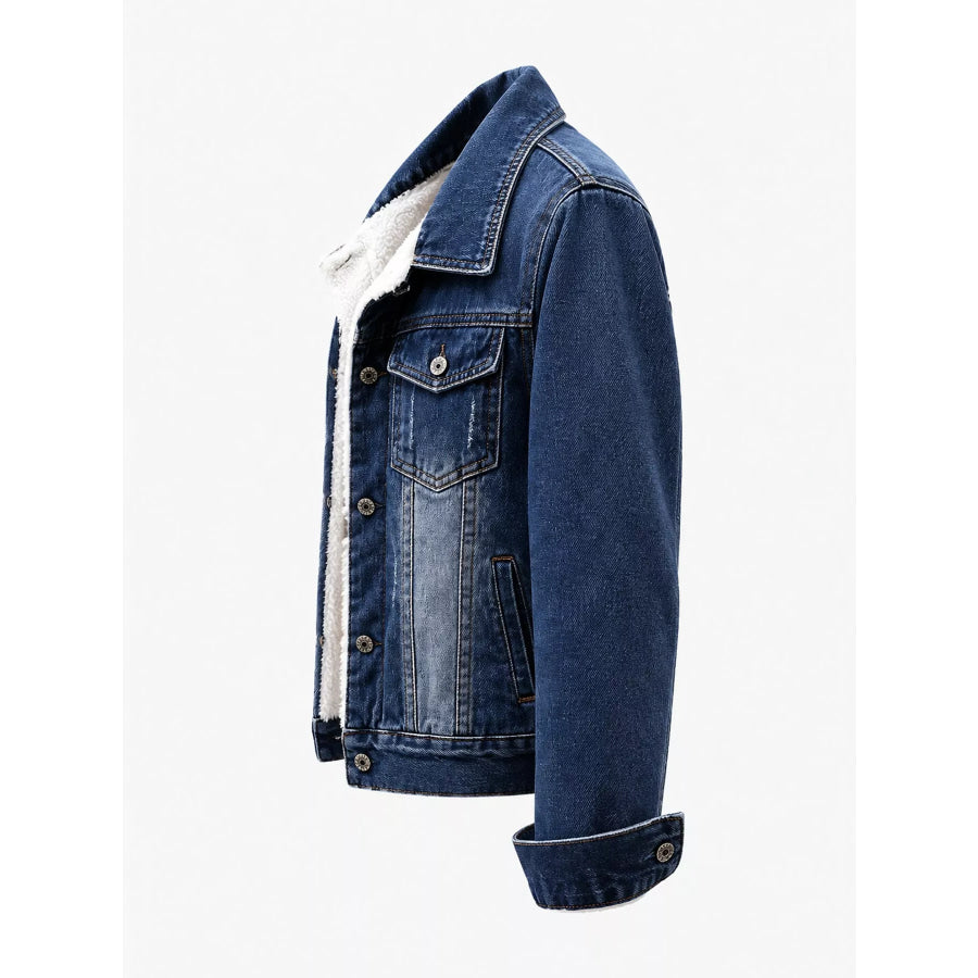 Distressed Denim Jacket with Sherpa Fleece Lining Apparel and Accessories
