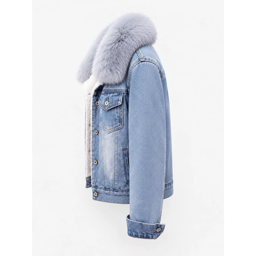 Distressed Denim Jacket with Sherpa Fleece Lining Apparel and Accessories