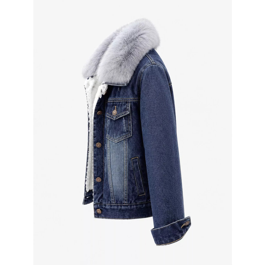 Distressed Denim Jacket with Sherpa Fleece Lining Apparel and Accessories