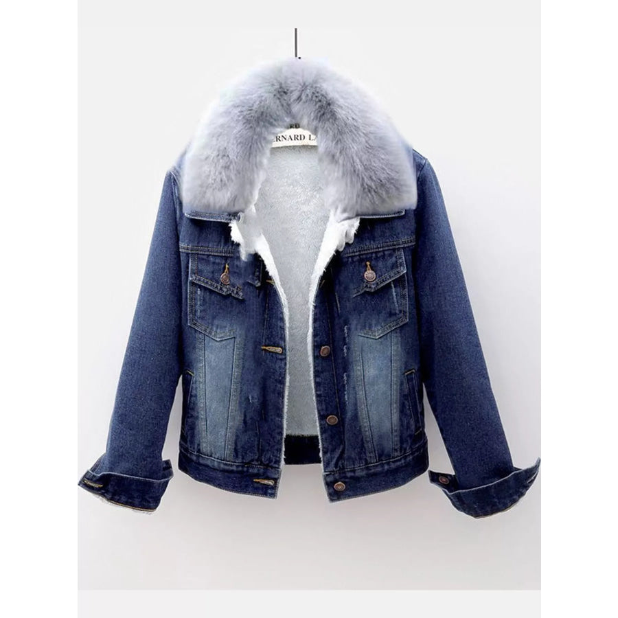 Distressed Denim Jacket with Sherpa Fleece Lining Dark / S Apparel and Accessories