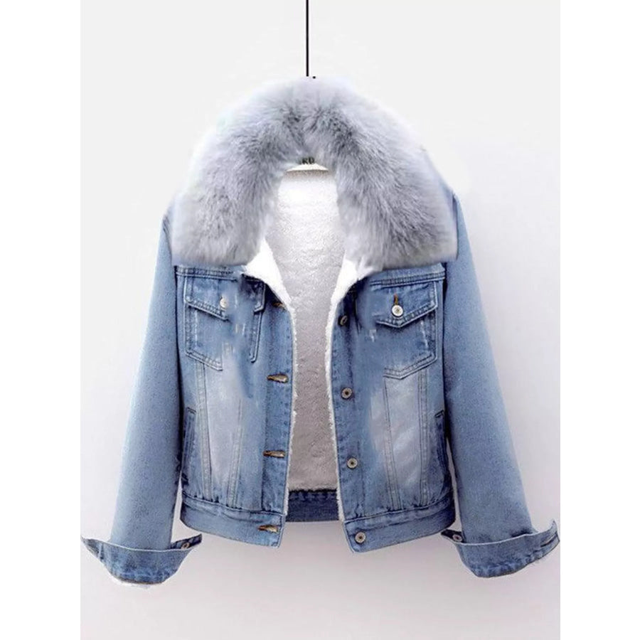 Distressed Denim Jacket with Sherpa Fleece Lining Light Blue / S Apparel and Accessories