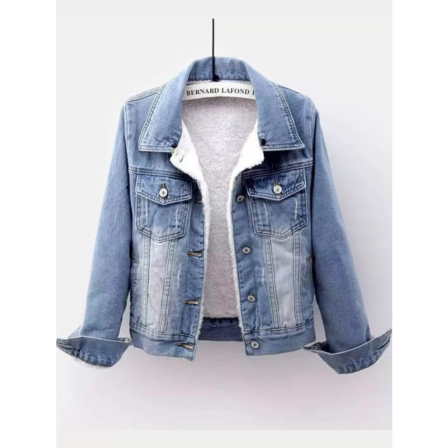 Distressed Denim Jacket with Sherpa Fleece Lining Light / S Apparel and Accessories