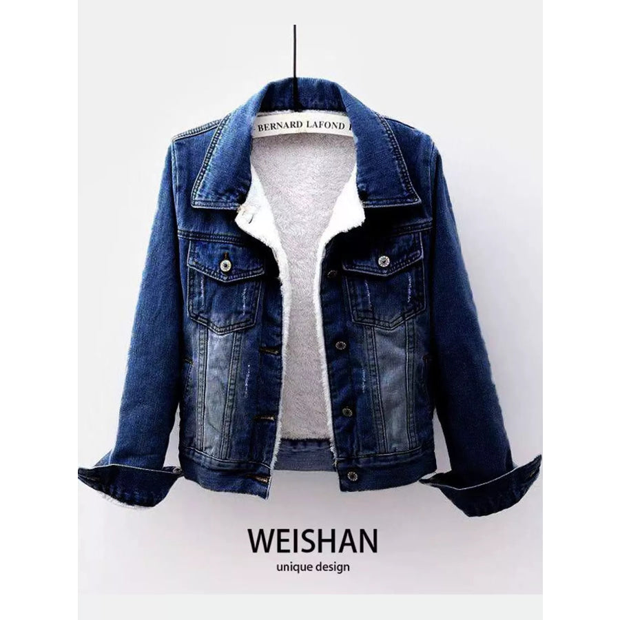 Distressed Denim Jacket with Sherpa Fleece Lining Medium / S Apparel and Accessories