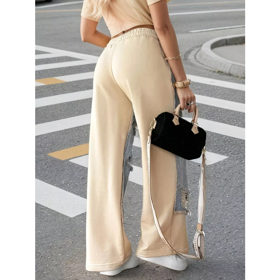 Distressed Denim Patchwork Wide-Leg Pants Beige / S Apparel and Accessories