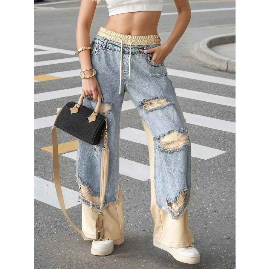 Distressed Denim Patchwork Wide-Leg Pants Beige / S Apparel and Accessories