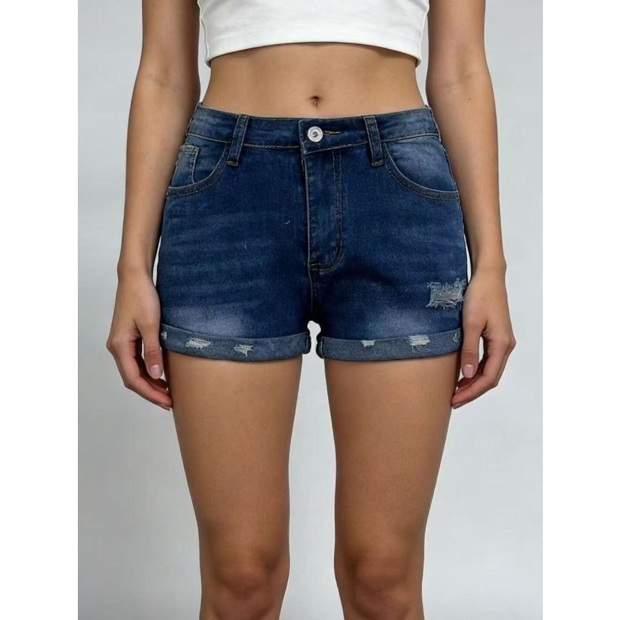 Distressed Denim Roll-Up Shorts Apparel and Accessories