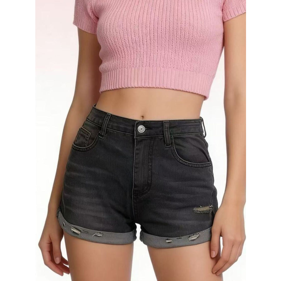 Distressed Denim Roll-Up Shorts Apparel and Accessories
