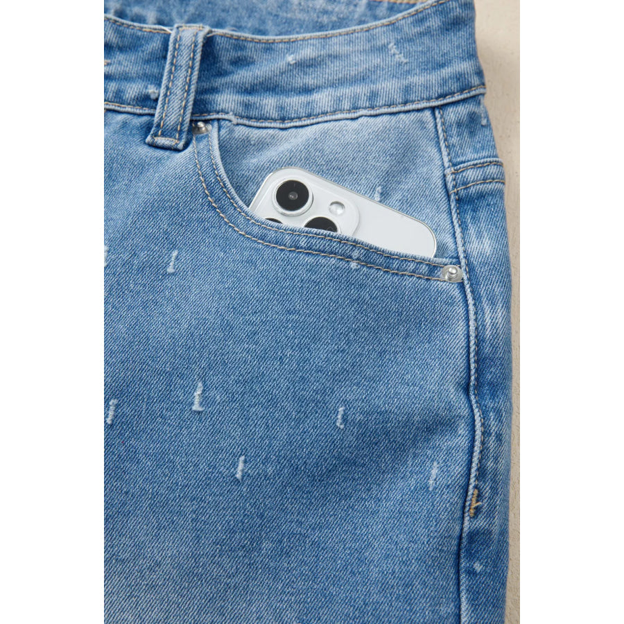 Distressed Detail Tummy Control Raw Hem Jeans Apparel and Accessories