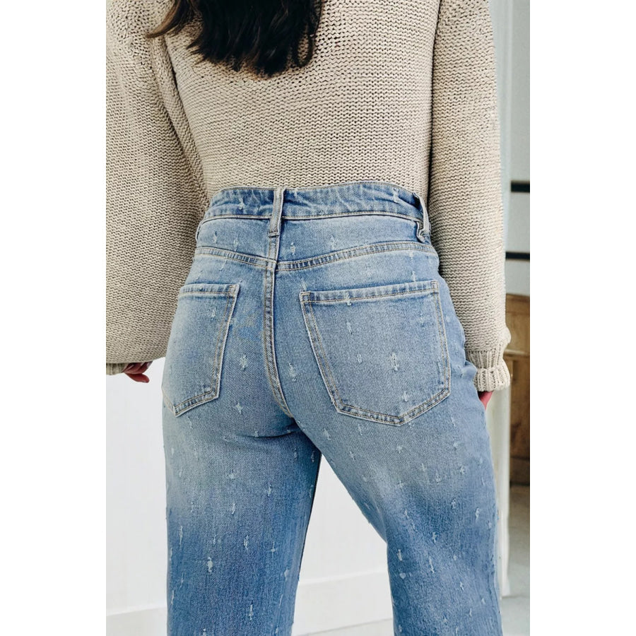 Distressed Detail Tummy Control Raw Hem Jeans Apparel and Accessories