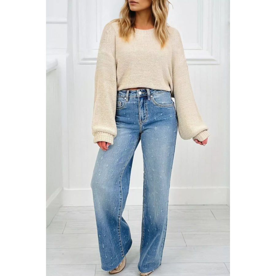 Distressed Detail Tummy Control Raw Hem Jeans Apparel and Accessories