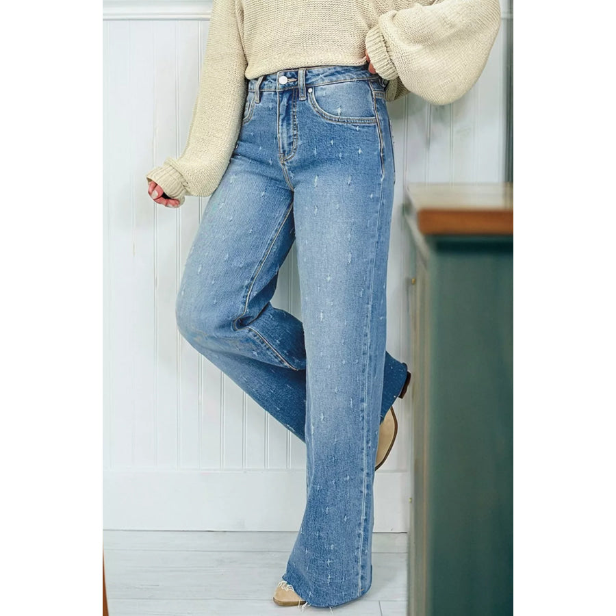 Distressed Detail Tummy Control Raw Hem Jeans Light Blue / 4 Apparel and Accessories