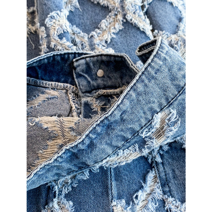 Distressed Diamond Pattern Jacket and Shorts Denim Set Apparel and Accessories