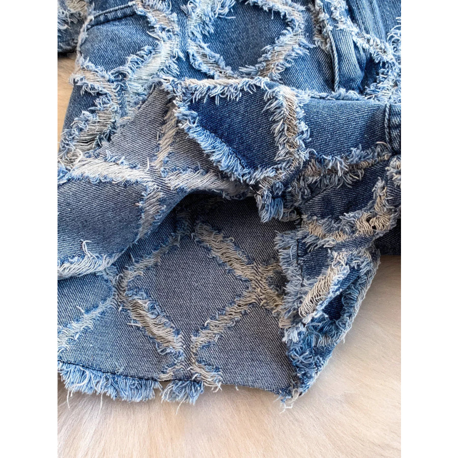 Distressed Diamond Pattern Jacket and Shorts Denim Set Apparel and Accessories