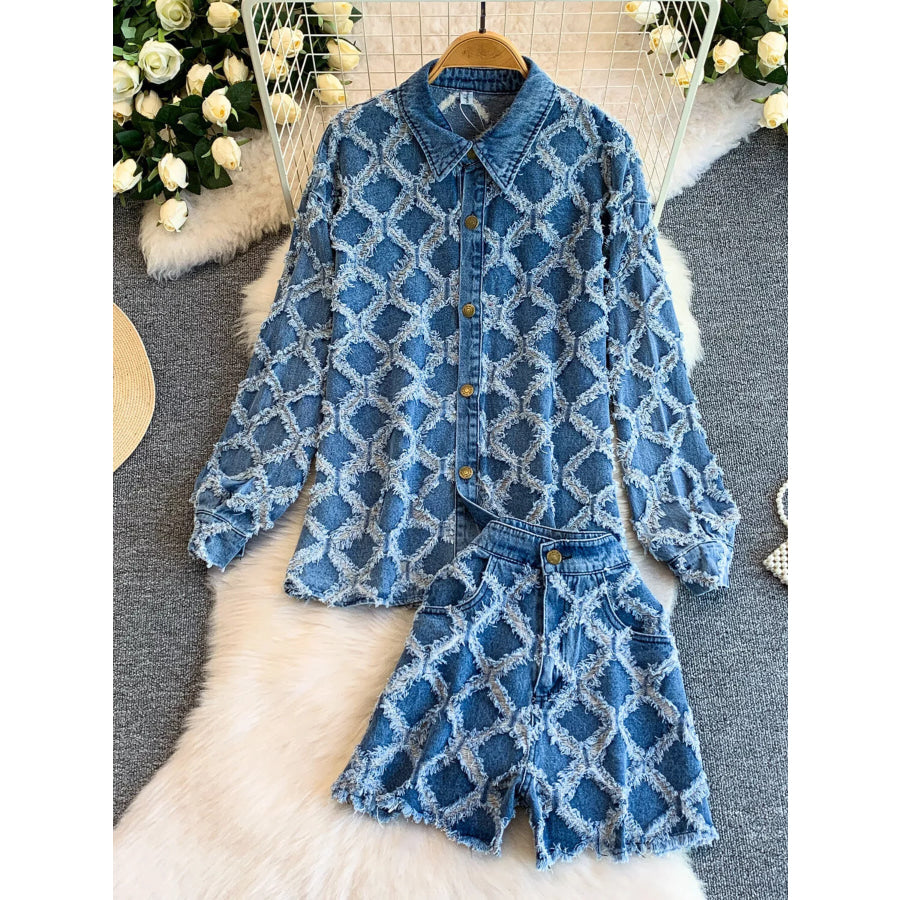 Distressed Diamond Pattern Jacket and Shorts Denim Set Medium / S Apparel and Accessories