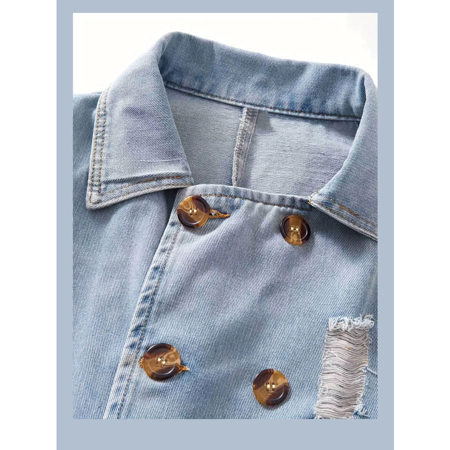 Distressed Double-Breasted Longline Denim Jacket Apparel and Accessories