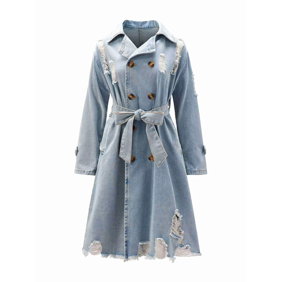 Distressed Double-Breasted Longline Denim Jacket Apparel and Accessories