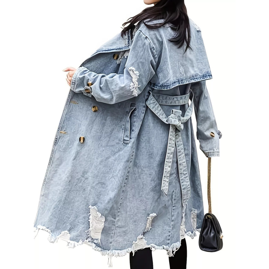 Distressed Double-Breasted Longline Denim Jacket Apparel and Accessories