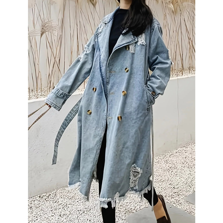Distressed Double-Breasted Longline Denim Jacket Light Blue / S Apparel and Accessories