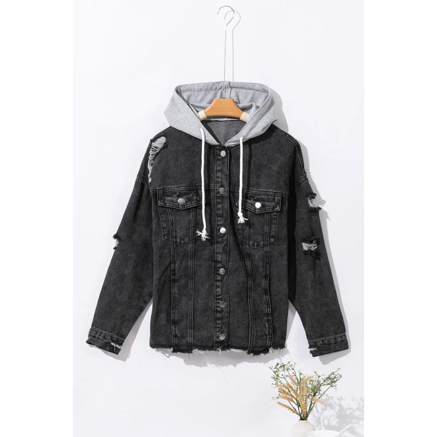 Distressed Drawstring Long Sleeve Hooded Denim Jacket Apparel and Accessories