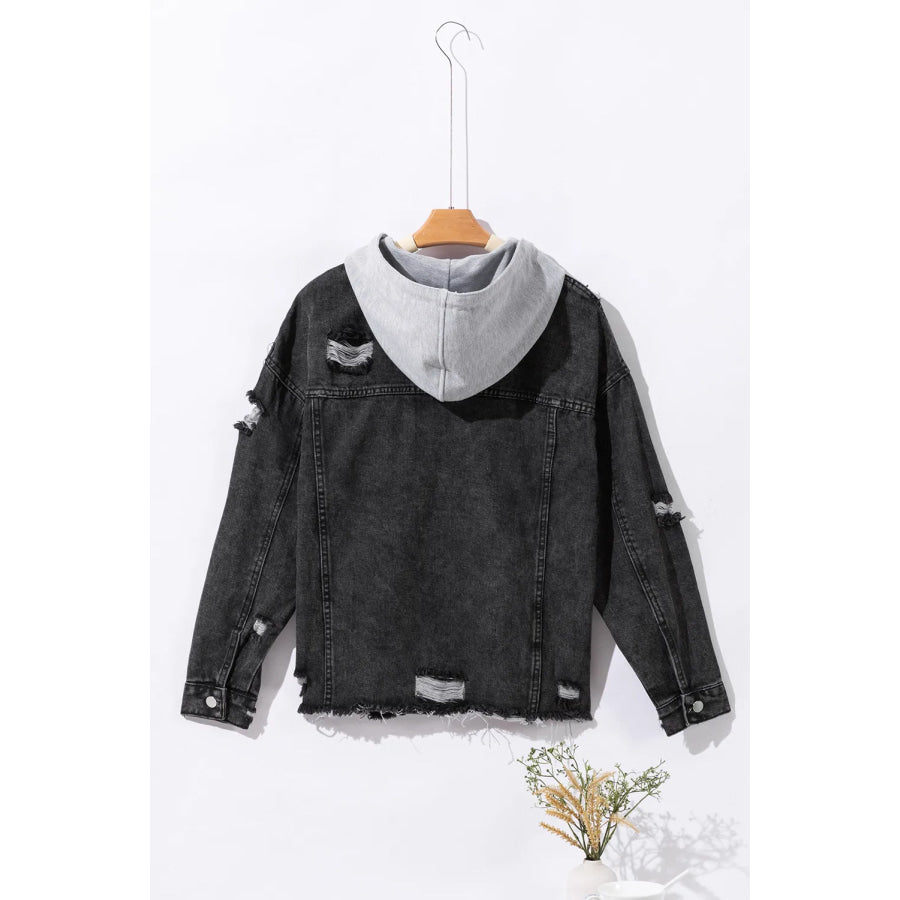 Distressed Drawstring Long Sleeve Hooded Denim Jacket Apparel and Accessories