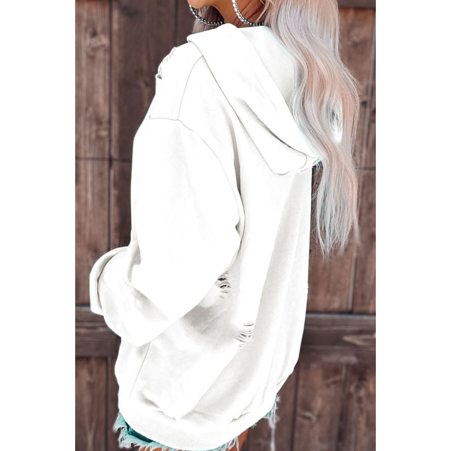 Distressed Drawstring Long Sleeve Hoodie Apparel and Accessories