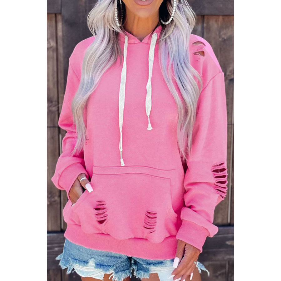 Distressed Drawstring Long Sleeve Hoodie Apparel and Accessories