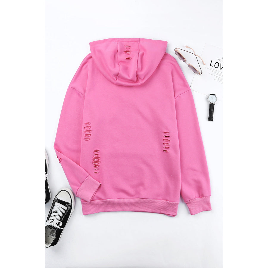 Distressed Drawstring Long Sleeve Hoodie Apparel and Accessories