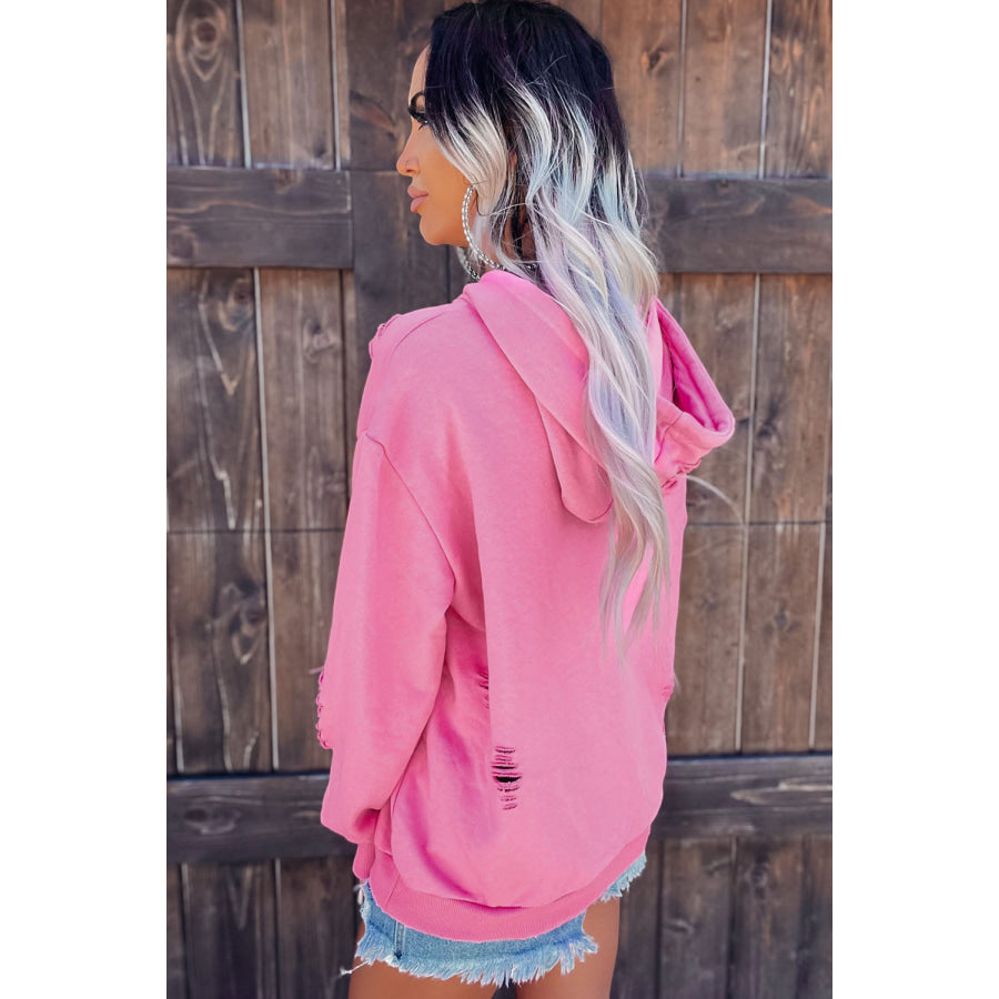 Distressed Drawstring Long Sleeve Hoodie Apparel and Accessories