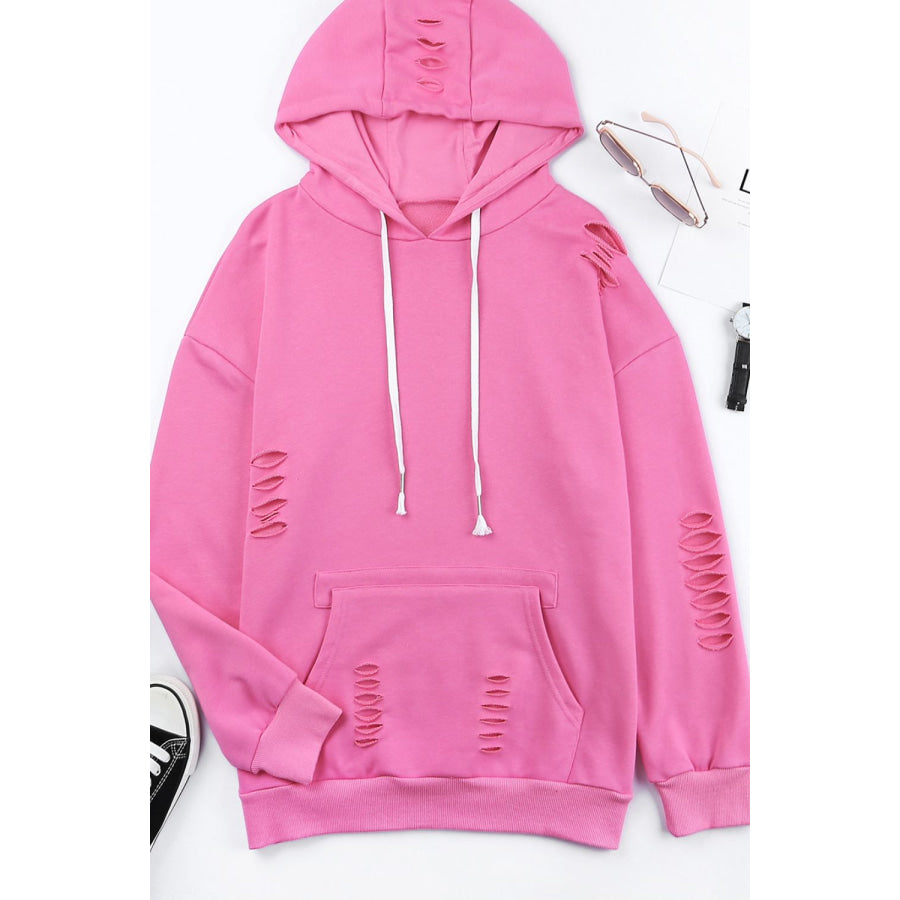 Distressed Drawstring Long Sleeve Hoodie Apparel and Accessories