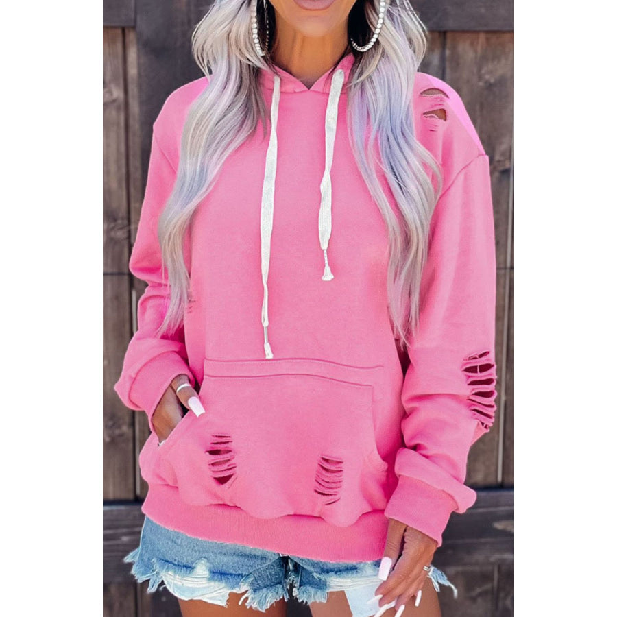 Distressed Drawstring Long Sleeve Hoodie Pink / S Apparel and Accessories