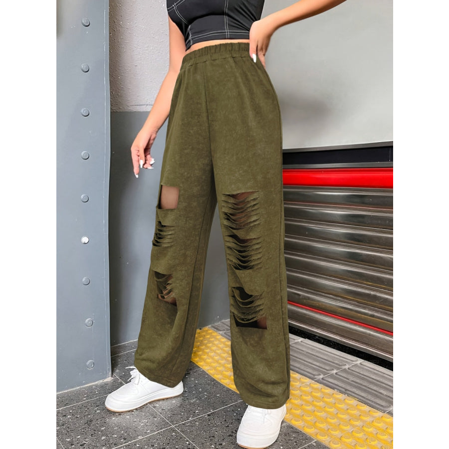 Distressed Elastic Waist Straight Leg Pants Apparel and Accessories