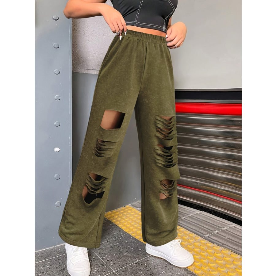 Distressed Elastic Waist Straight Leg Pants Apparel and Accessories