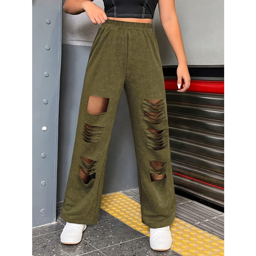 Distressed Elastic Waist Straight Leg Pants Army Green / S Apparel and Accessories