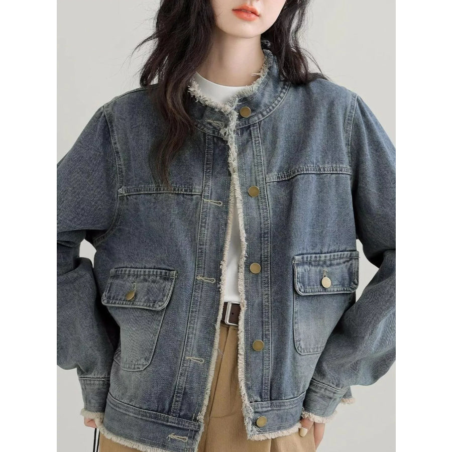 Distressed Frayed-Edge Denim Jacket with Utility Pockets Apparel and Accessories