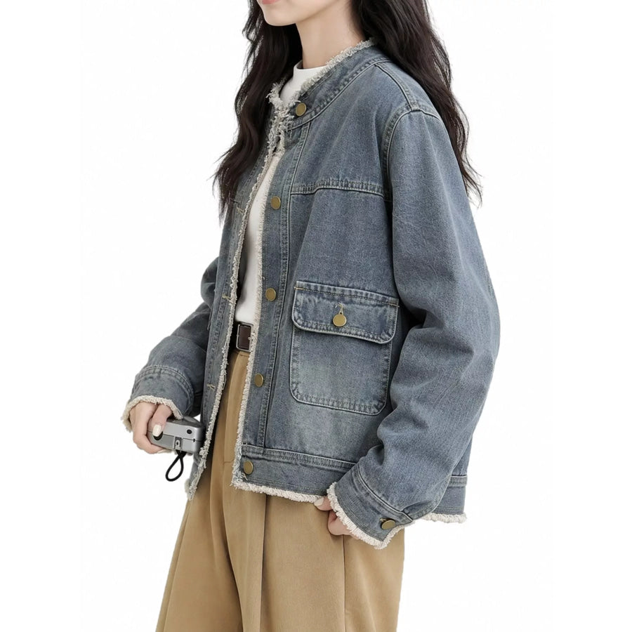 Distressed Frayed-Edge Denim Jacket with Utility Pockets Vintage Blue / S Apparel and Accessories